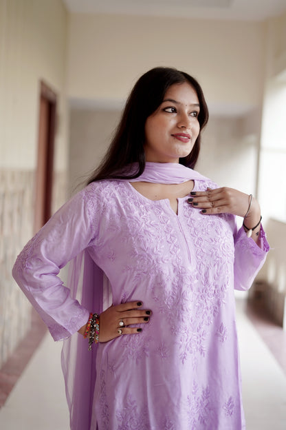Lavender Masleen Kurta Set with Palazzo | Handcrafted Chikankari Kurti & Palazzo Set | Varnika Exclusive Chikan