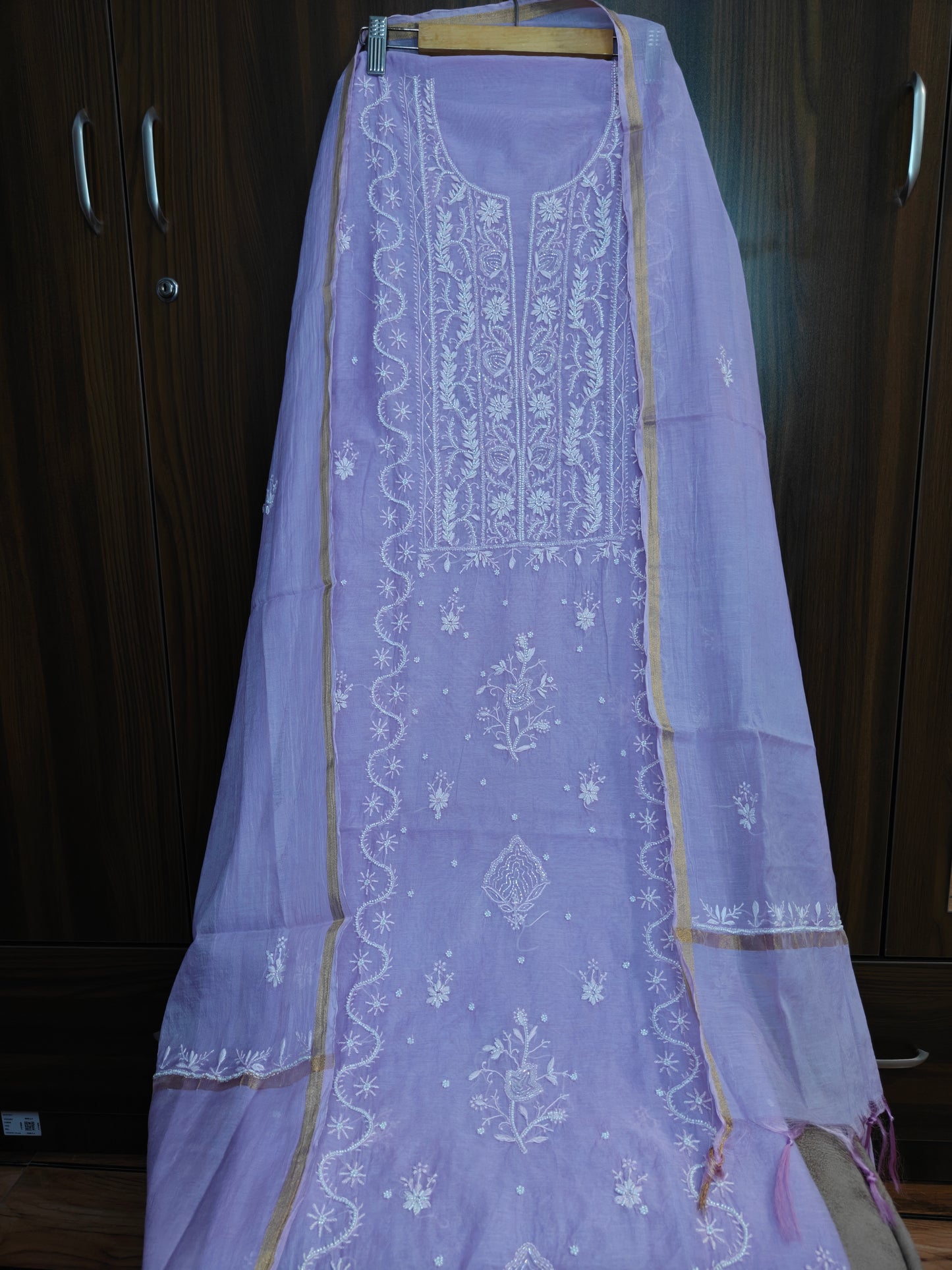 Unstitched Lavender thread Mul Chanderi Suit Piece with Dupatta