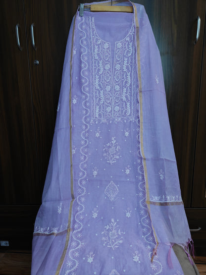 Unstitched Lavender thread Mul Chanderi Suit Piece with Dupatta