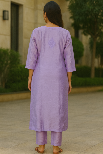 Lavender Chanderi Kurta Set with Palazzo | Handcrafted Chikankari Embroidery | Varnika Exclusive Chikan