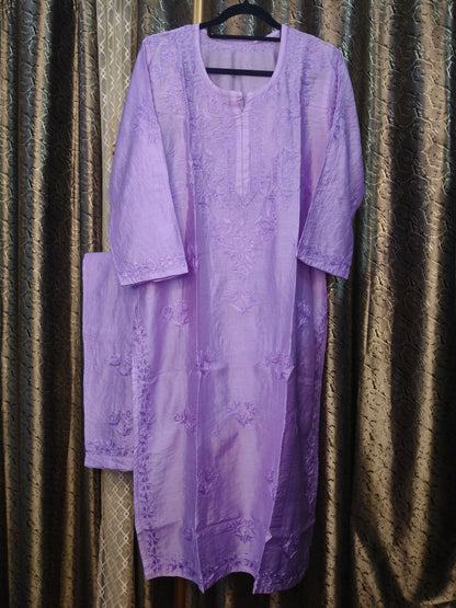 Lavender Chanderi Kurta Set with Palazzo | Handcrafted Chikankari Embroidery | Varnika Exclusive Chikan