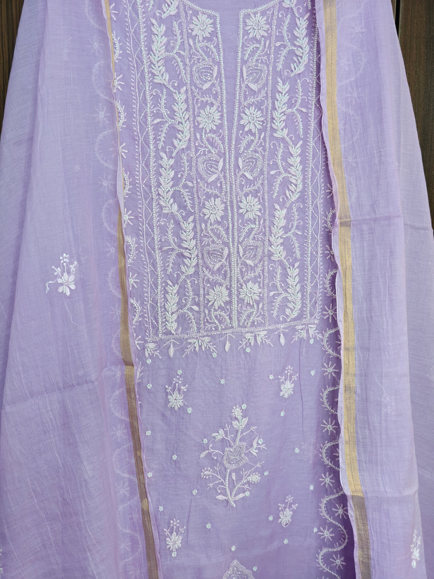 Unstitched Lavender thread Mul Chanderi Suit Piece with Dupatta