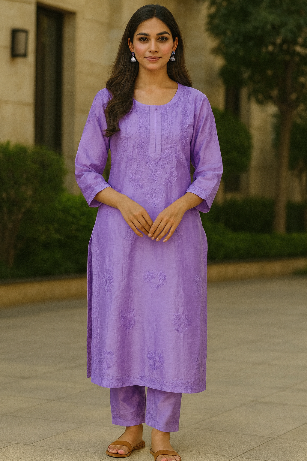 Lavender Chanderi Kurta Set with Palazzo | Handcrafted Chikankari Embroidery | Varnika Exclusive Chikan