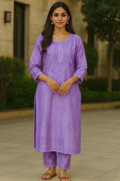 Lavender Chanderi Kurta Set with Palazzo | Handcrafted Chikankari Embroidery | Varnika Exclusive Chikan