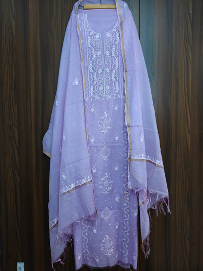 Unstitched Lavender thread Mul Chanderi Suit Piece with Dupatta