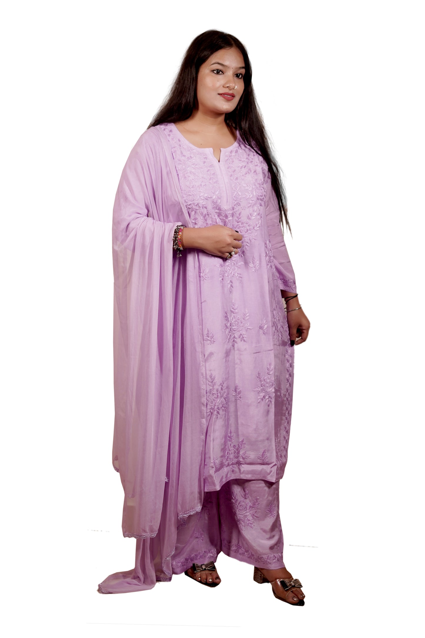 Lavender Masleen Kurta Set with Palazzo | Handcrafted Chikankari Kurti & Palazzo Set | Varnika Exclusive Chikan