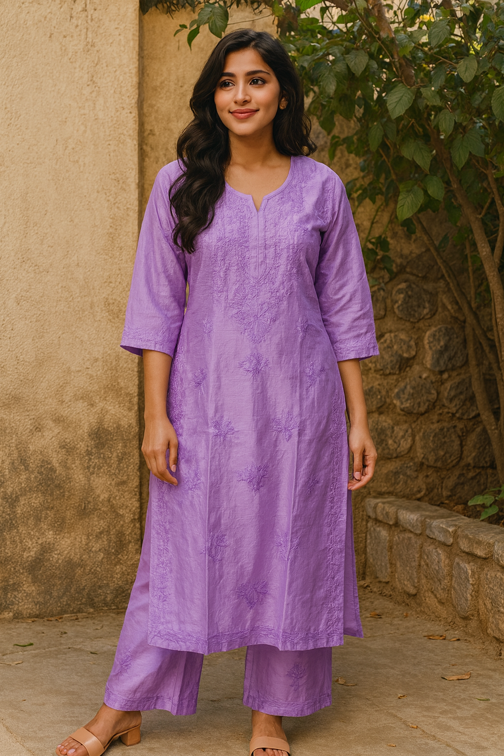 Lavender Masleen Kurta Set with Palazzo | Handcrafted Chikankari Kurti & Palazzo Set | Varnika Exclusive Chikan