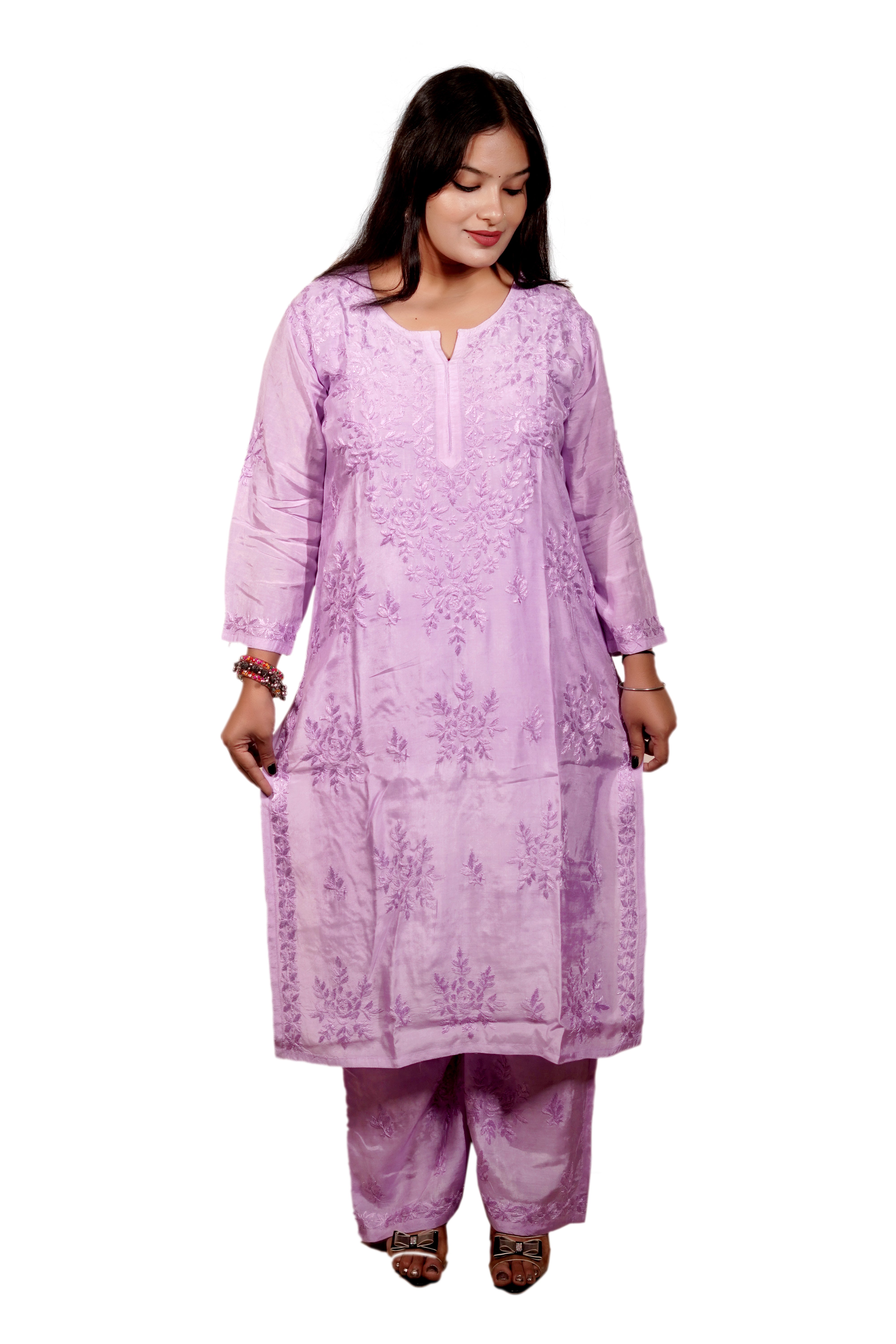 Lavender Masleen Kurta Set with Palazzo | Handcrafted Chikankari Kurti & Palazzo Set | Varnika Exclusive Chikan