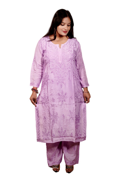 Lavender Masleen Kurta Set with Palazzo | Handcrafted Chikankari Kurti & Palazzo Set | Varnika Exclusive Chikan