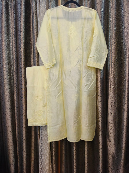 Lemon Yellow Chanderi Kurta Set with Palazzo | Handcrafted Chikankari Embroidery | Varnika Exclusive Chikan