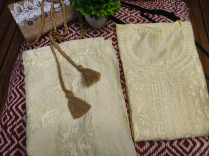 Lemon Yellow Chanderi Kurta Set with Palazzo | Handcrafted Chikankari Embroidery | Varnika Exclusive Chikan