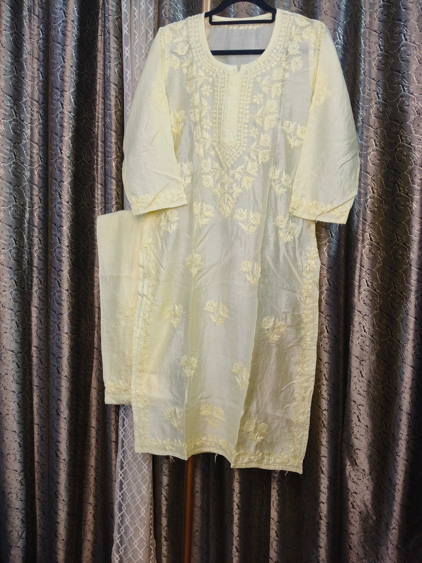 Lemon Yellow Chanderi Kurta Set with Palazzo | Handcrafted Chikankari Embroidery | Varnika Exclusive Chikan