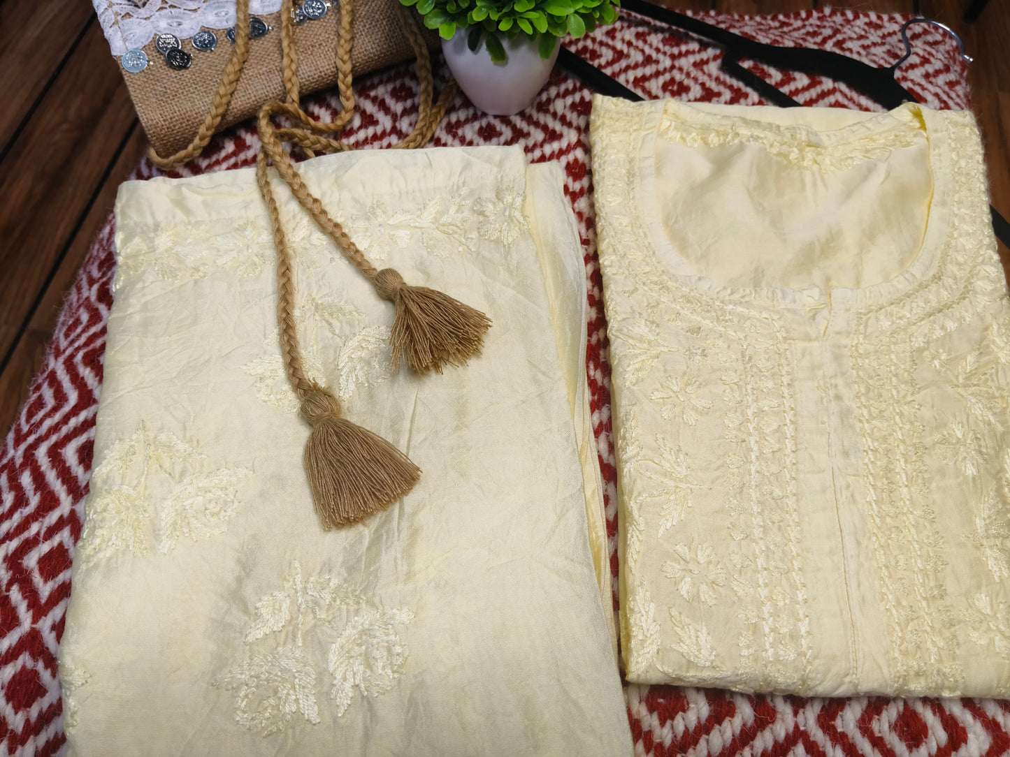 Lemon Yellow Chanderi Kurta Set with Palazzo | Handcrafted Chikankari Embroidery | Varnika Exclusive Chikan