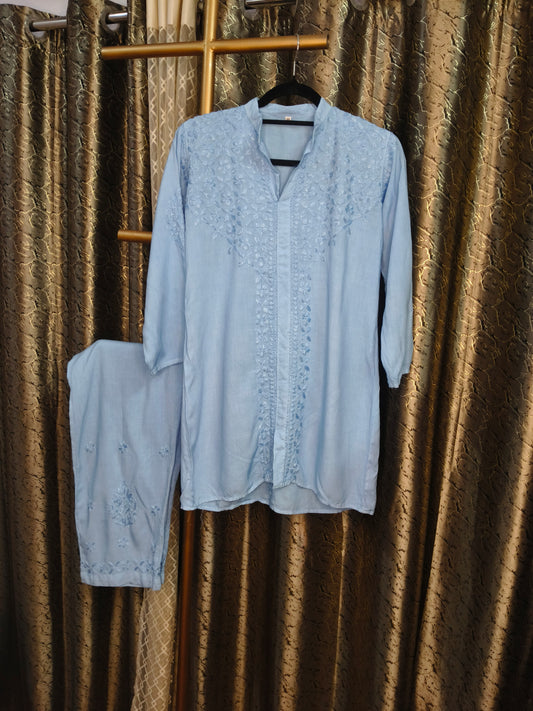 Light Blue Rayon Co-ord Set for Women | Elegant Kurti & Pant Set for Office, Festive & Daily Wear | Varnika Exclusive Chikan