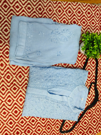 Light Blue Rayon Co-ord Set for Women | Elegant Kurti & Pant Set for Office, Festive & Daily Wear | Varnika Exclusive Chikan