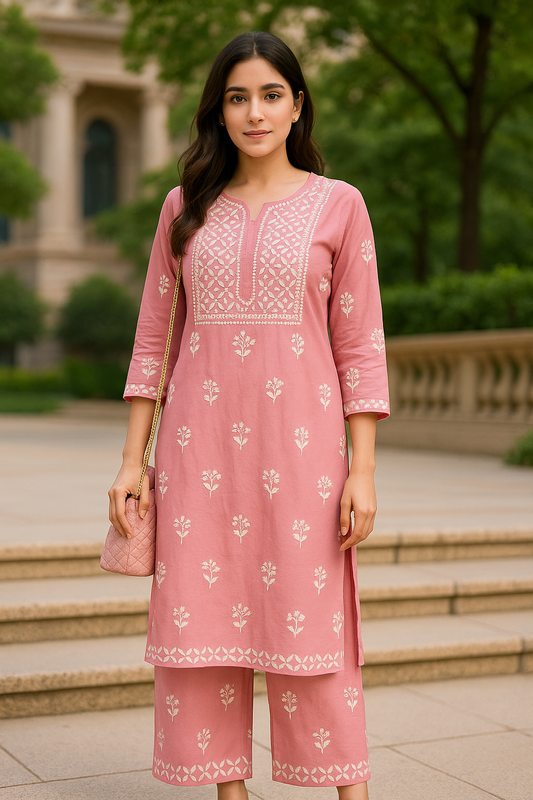 Light Pink Rayon Chikankari Kurta Set with Ghaspatti & Phanda Embroidery | Varnika Exclusive Chikan