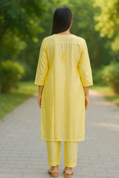 Lemon Yellow Chanderi Kurta Set with Palazzo | Handcrafted Chikankari Embroidery | Varnika Exclusive Chikan