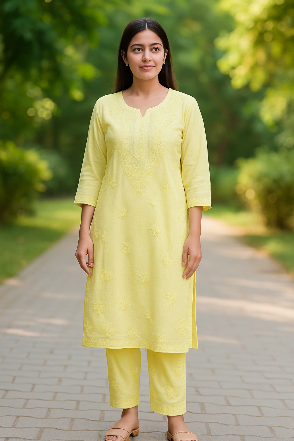 Lemon Yellow Chanderi Kurta Set with Palazzo | Handcrafted Chikankari Embroidery | Varnika Exclusive Chikan