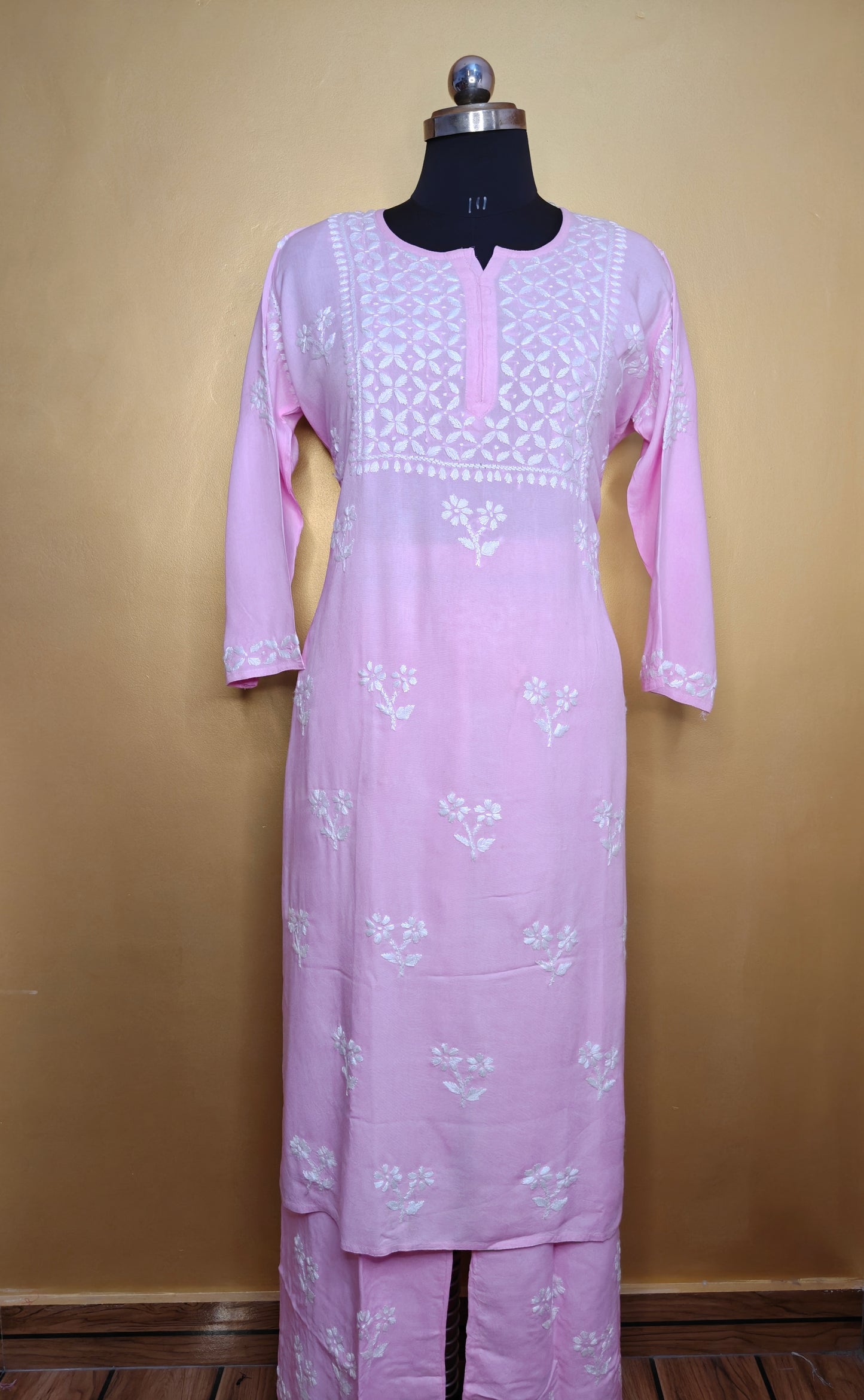 Light Pink Rayon Chikankari Kurta Set with Ghaspatti & Phanda Embroidery | Varnika Exclusive Chikan