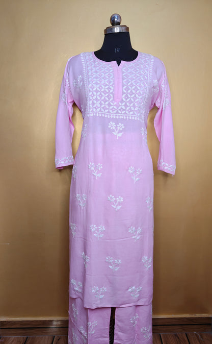 Light Pink Rayon Chikankari Kurta Set with Ghaspatti & Phanda Embroidery | Varnika Exclusive Chikan