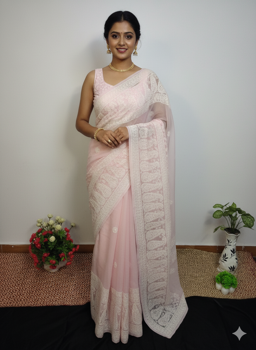 Light Pink Chikankari Saree with Blouse Piece | Handcrafted Georgette-Cotton Blend