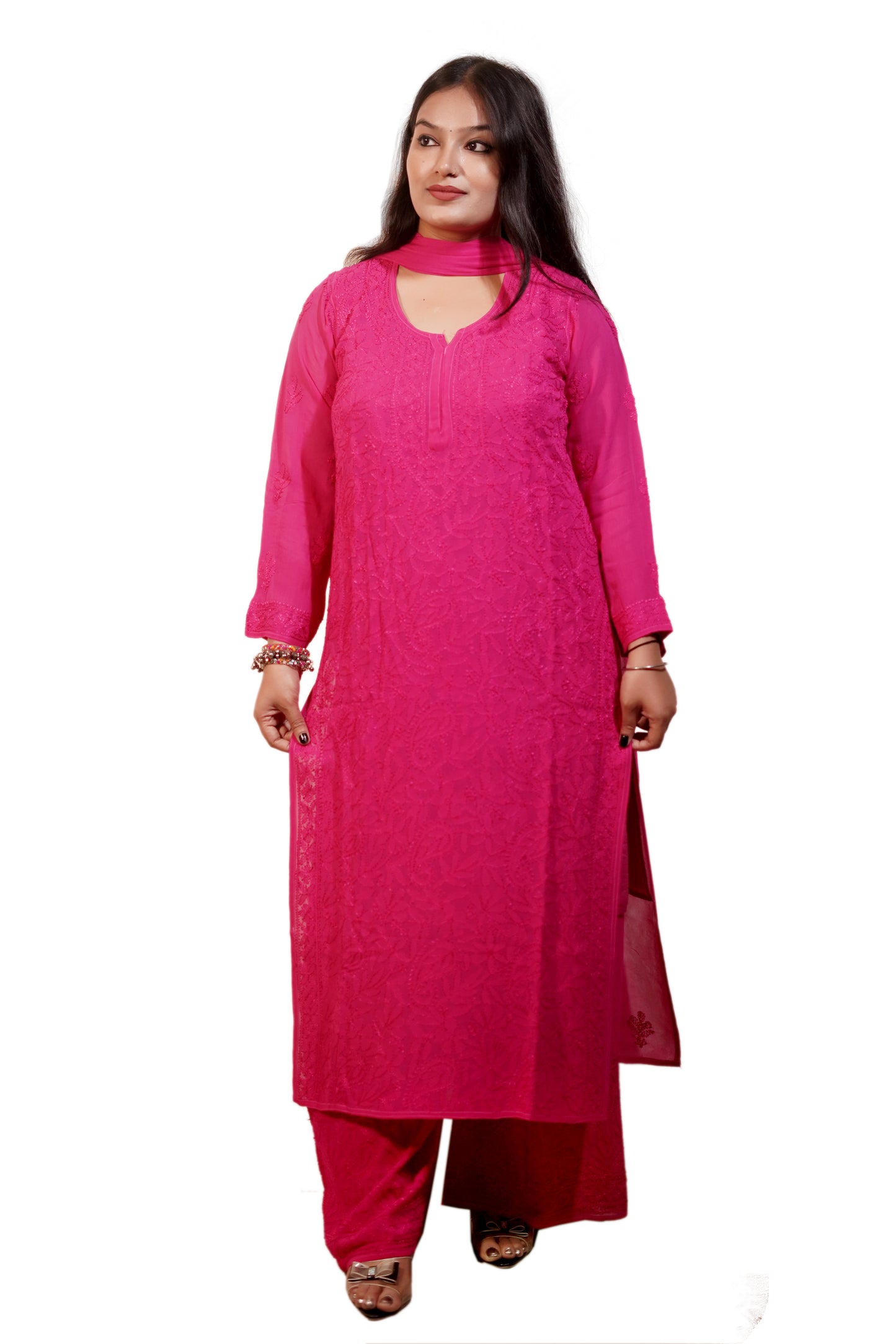 Magenta Viscose Hand-Embroidered Chikankari Kurta Palazzo Dupatta Set | Varnika Exclusive Chikan