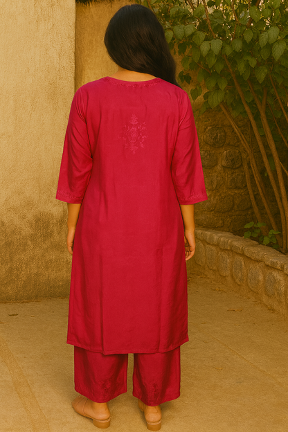 Magenta Masleen Kurta Set with Palazzo | Handcrafted Chikankari Kurti & Palazzo Set | Varnika Exclusive Chikan