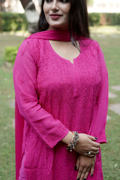 Magenta Viscose Hand-Embroidered Chikankari Kurta Palazzo Dupatta Set | Varnika Exclusive Chikan
