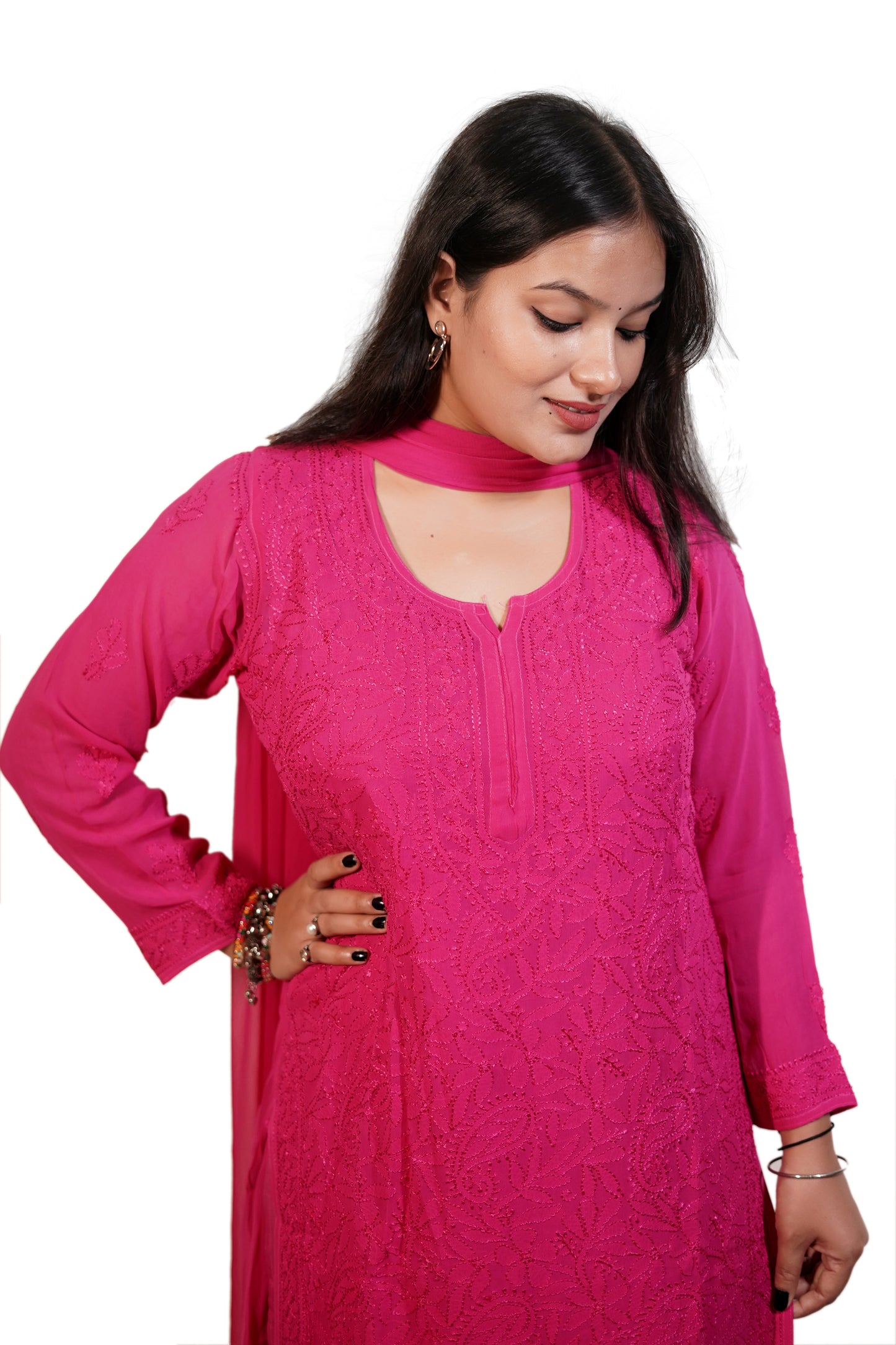 Magenta Viscose Hand-Embroidered Chikankari Kurta Palazzo Dupatta Set | Varnika Exclusive Chikan