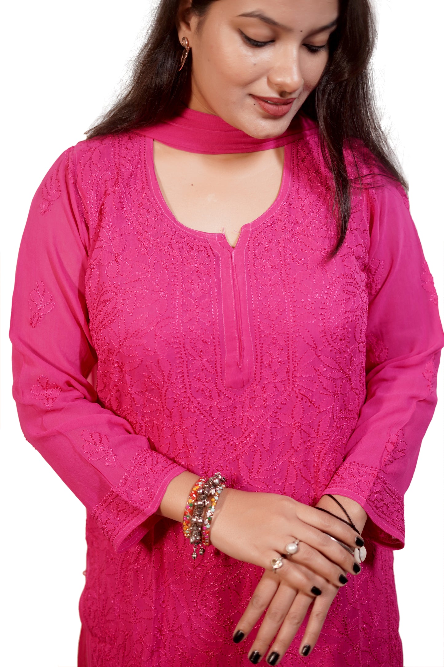 Magenta Viscose Hand-Embroidered Chikankari Kurta Palazzo Dupatta Set | Varnika Exclusive Chikan