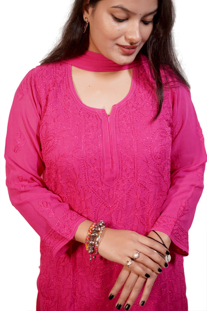 Magenta Viscose Hand-Embroidered Chikankari Kurta Palazzo Dupatta Set | Varnika Exclusive Chikan