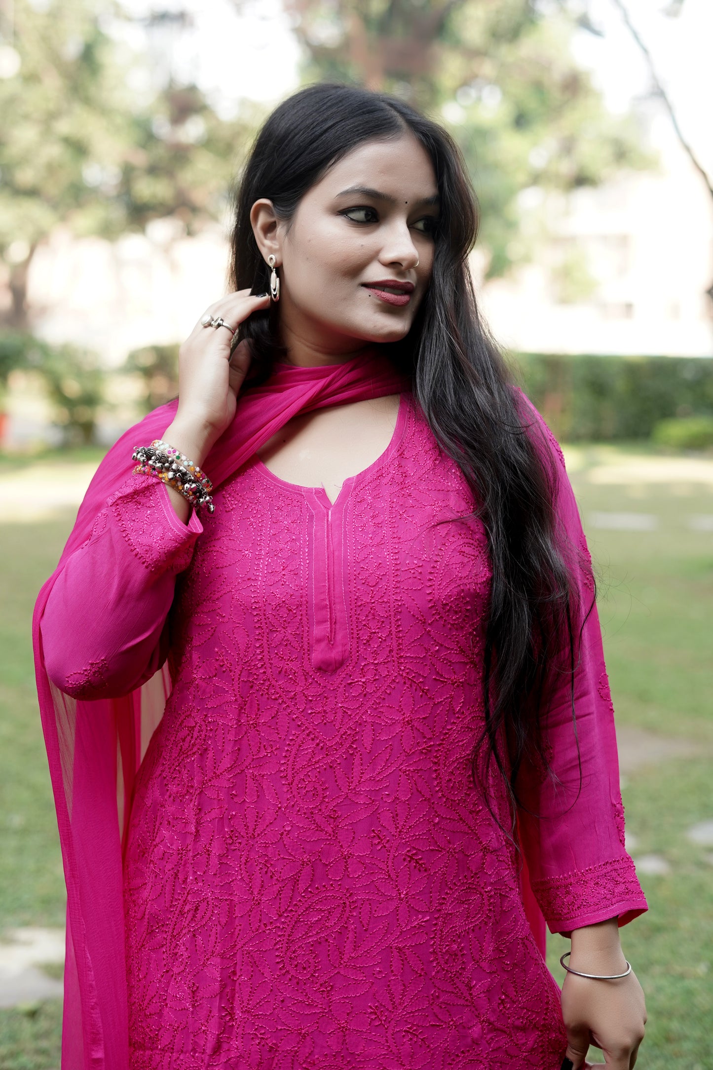 Magenta Viscose Hand-Embroidered Chikankari Kurta Palazzo Dupatta Set | Varnika Exclusive Chikan