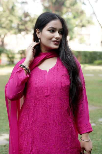 Magenta Viscose Hand-Embroidered Chikankari Kurta Palazzo Dupatta Set | Varnika Exclusive Chikan