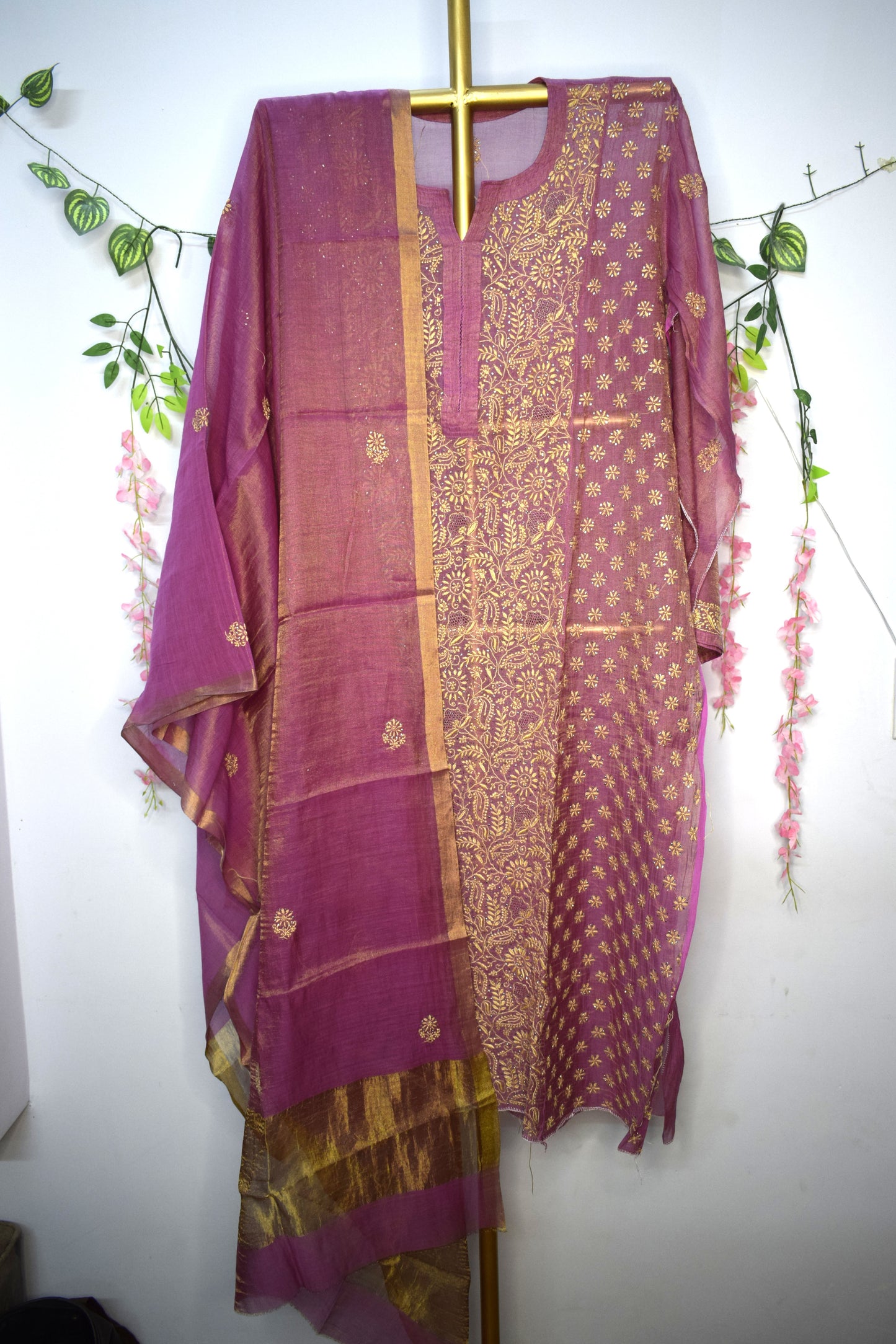 Semi-Stitched Mauve wine Tissue Suit Set with Golden Thread Embroidery