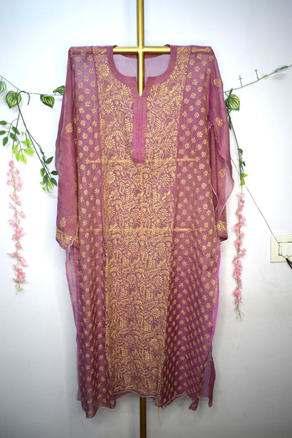 Semi-Stitched Mauve wine Tissue Suit Set with Golden Thread Embroidery