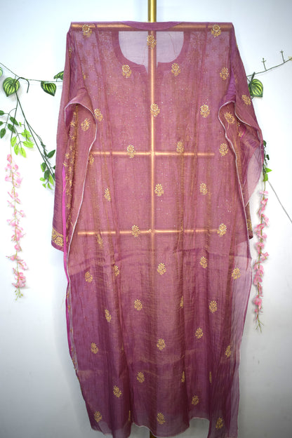 Semi-Stitched Mauve wine Tissue Suit Set with Golden Thread Embroidery
