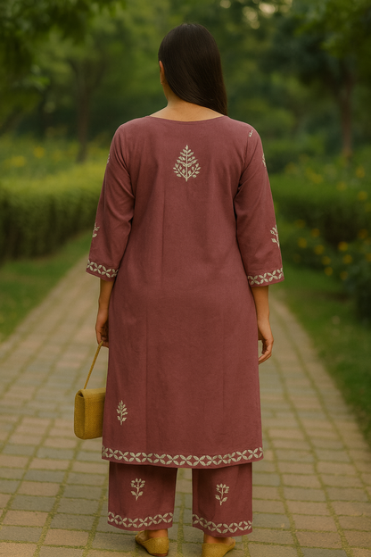 Mauve Rayon Chikankari Kurta Set with Ghaspatti & Phanda Embroidery | Varnika Exclusive Chikan