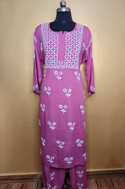 Mauve Rayon Chikankari Kurta Set with Ghaspatti & Phanda Embroidery | Varnika Exclusive Chikan