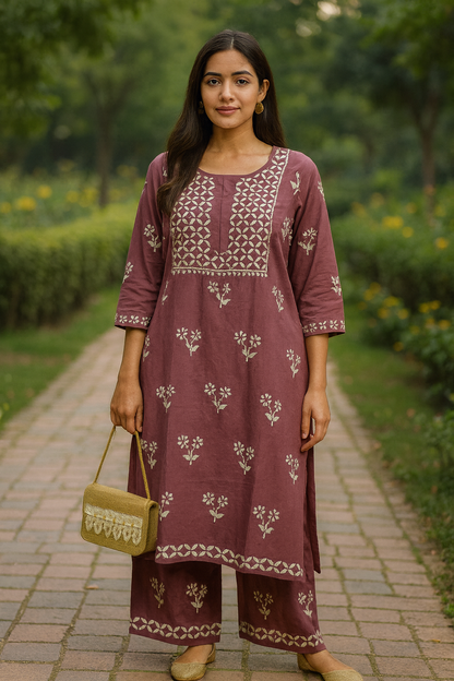 Mauve Rayon Chikankari Kurta Set with Ghaspatti & Phanda Embroidery | Varnika Exclusive Chikan