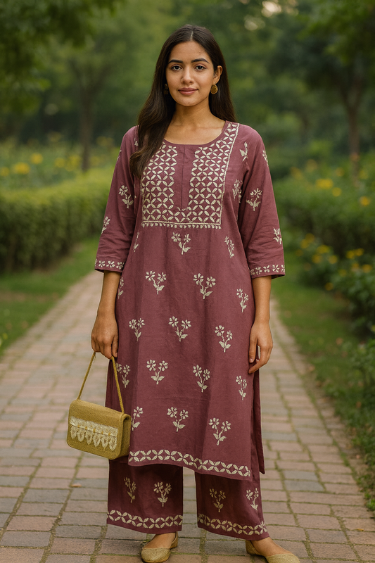 Mauve Rayon Chikankari Kurta Set with Ghaspatti & Phanda Embroidery | Varnika Exclusive Chikan