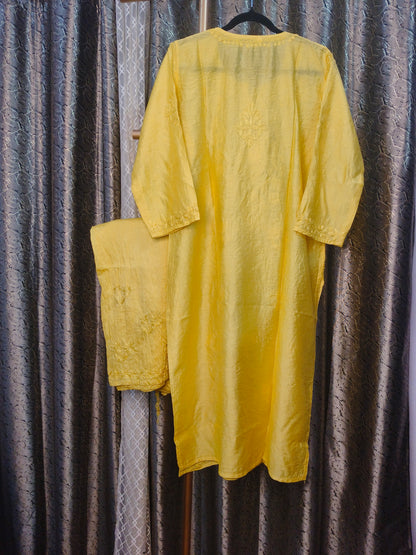 Mustard Yellow Chanderi Kurta Set with Palazzo | Handcrafted Chikankari Embroidery | Varnika Exclusive Chikan