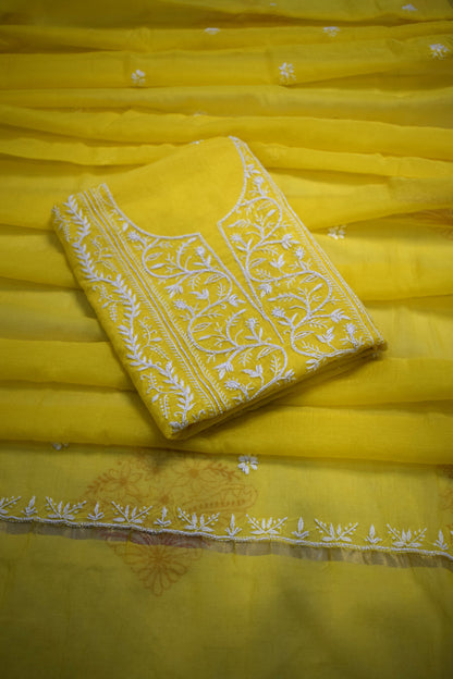 Unstitched Yellow Mul Chanderi Suit Piece with Dupatta