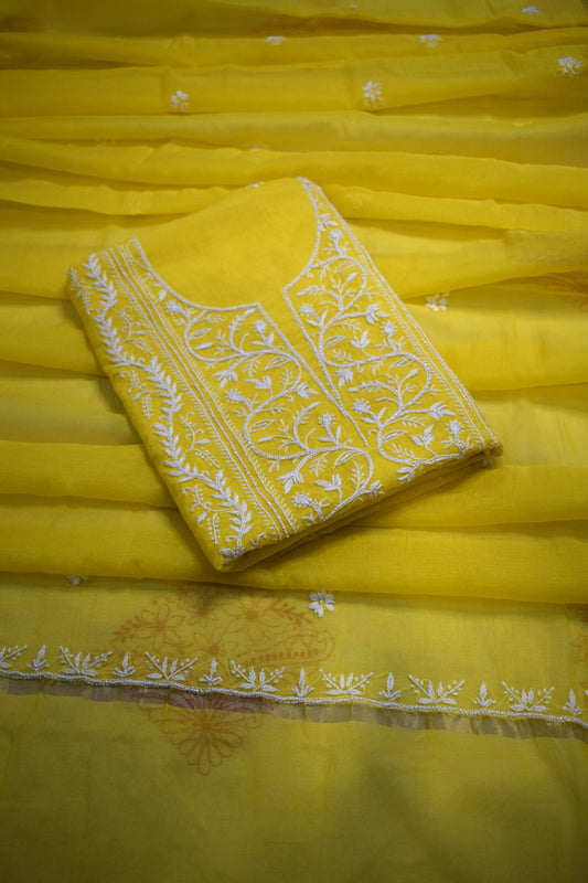 Unstitched Yellow Mulmul Chanderi Suit Piece with Dupatta