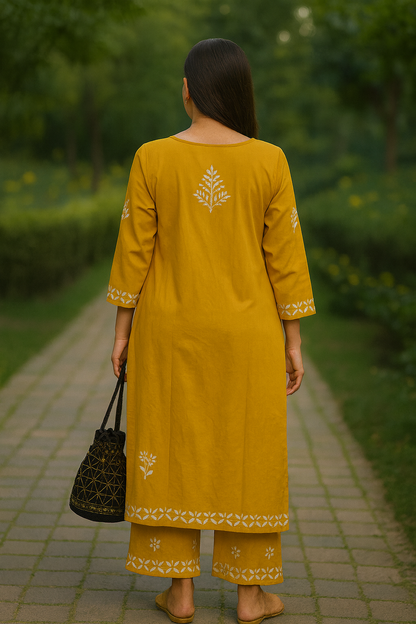 Mustard Yellow Rayon Chikankari Kurta Set with Ghaspatti & Phanda Embroidery | Varnika Exclusive Chikan