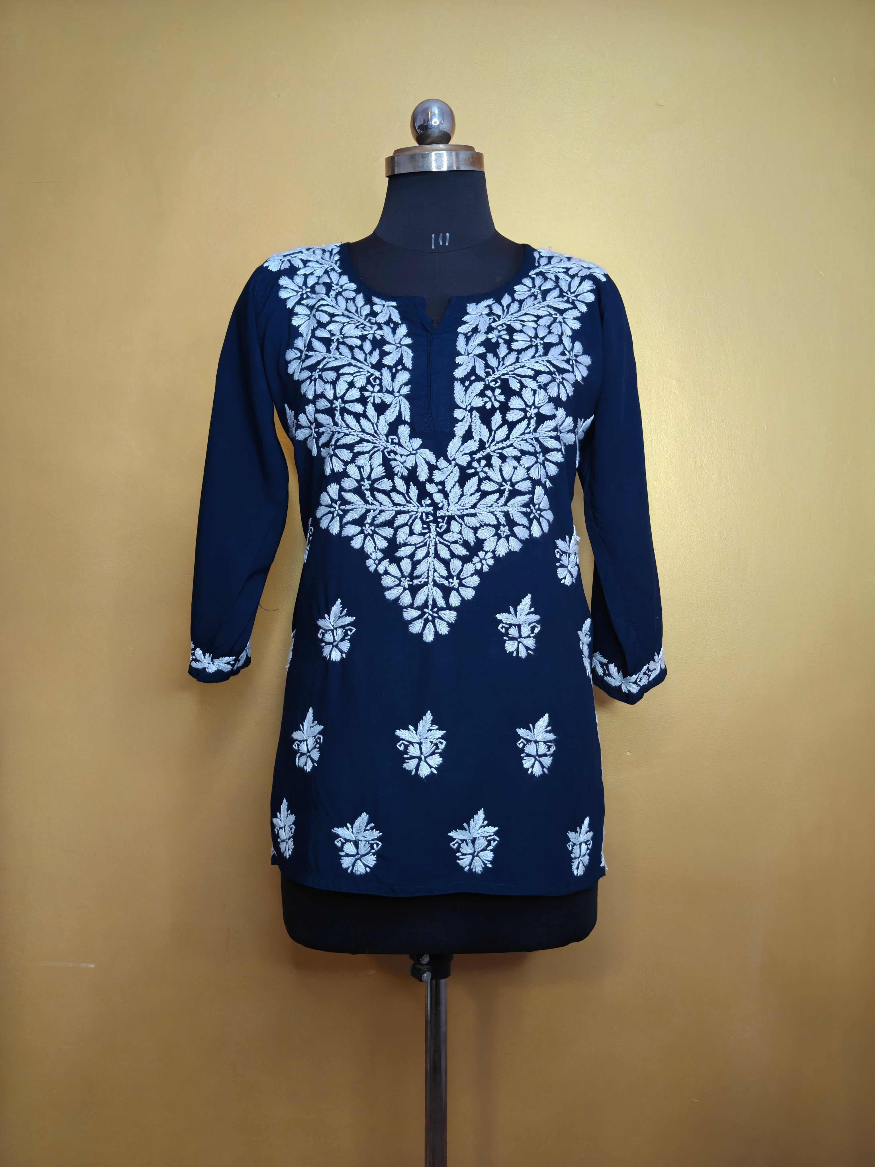 Chikankari Short Kurti Navy Blue for Women | Handcrafted Rayon Kurta Top