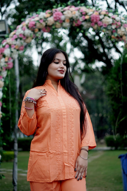 Orange Rayon Co-ord Set for Women | Stylish Chikankari Inspired Casual & Festive Wear | Varnika Exclusive Chikan