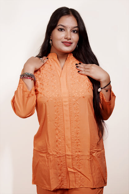 Orange Rayon Co-ord Set for Women | Stylish Chikankari Inspired Casual & Festive Wear | Varnika Exclusive Chikan