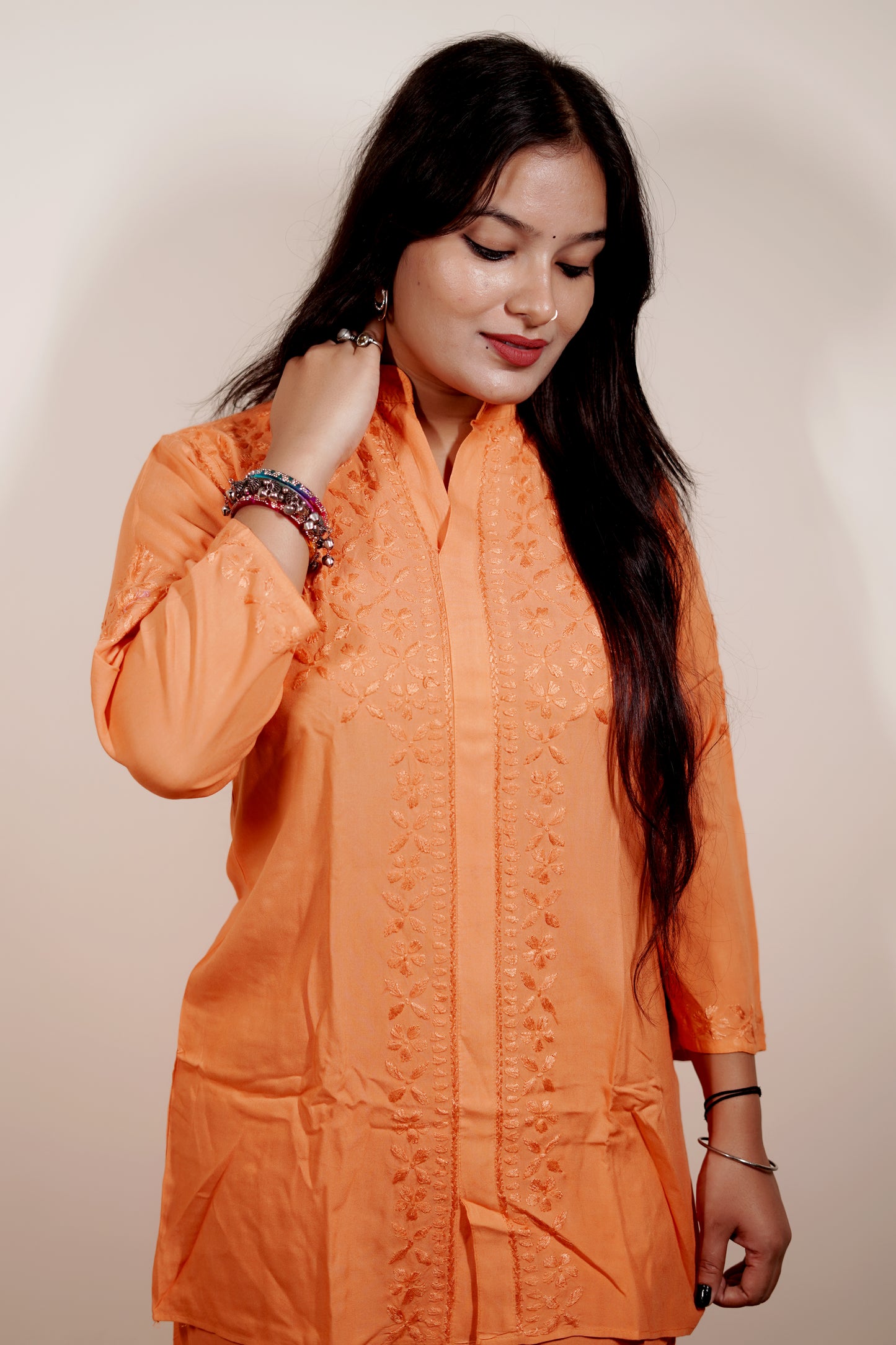 Orange Rayon Co-ord Set for Women | Stylish Chikankari Inspired Casual & Festive Wear | Varnika Exclusive Chikan