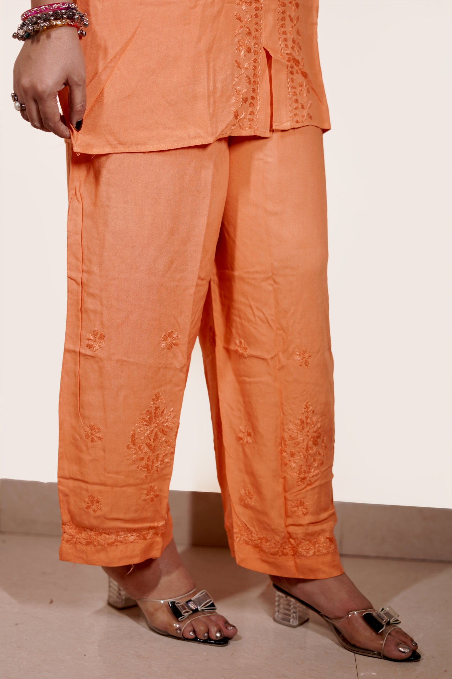 Orange Rayon Co-ord Set for Women | Stylish Chikankari Inspired Casual & Festive Wear | Varnika Exclusive Chikan