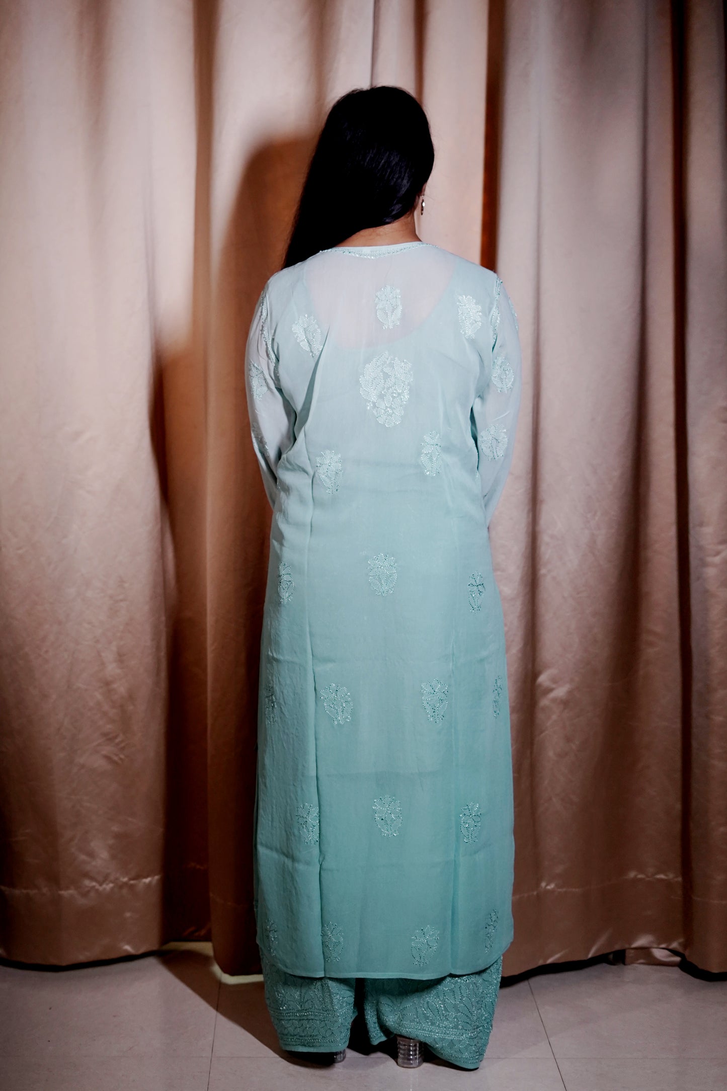 Pastel Aqua Green Ombre Viscose Hand-Embroidered Chikankari Kurta Palazzo Dupatta Set | Varnika Exclusive Chikan